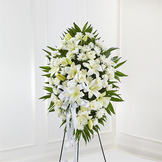 Exquisite Tribute Standing Spray-White Ribbon – Mongis Luxe Creations Llc, Old Bridge NJ