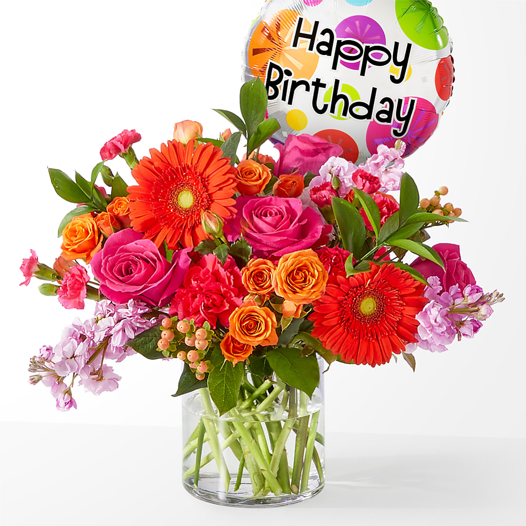 Fiesta Bouquet with Birthday Balloon –  Mongis Luxe Creations Llc, Old Bridge NJ
