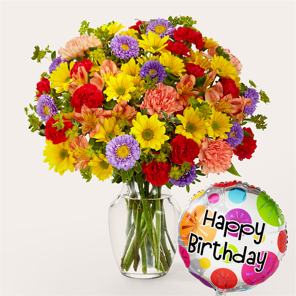 Kaleidoscope Bouquet with Birthday Balloon –  Mongis Luxe Creations Llc, Old Bridge NJ