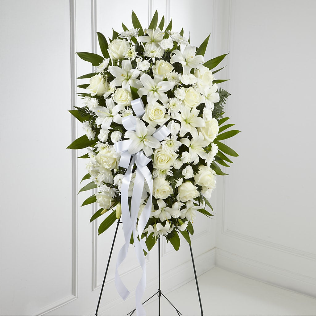Exquisite Tribute Standing Spray-White Ribbon –  Mongis Luxe Creations Llc, Old Bridge NJ