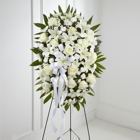 Exquisite Tribute Standing Spray-White Ribbon –  Mongis Luxe Creations Llc, Old Bridge NJ