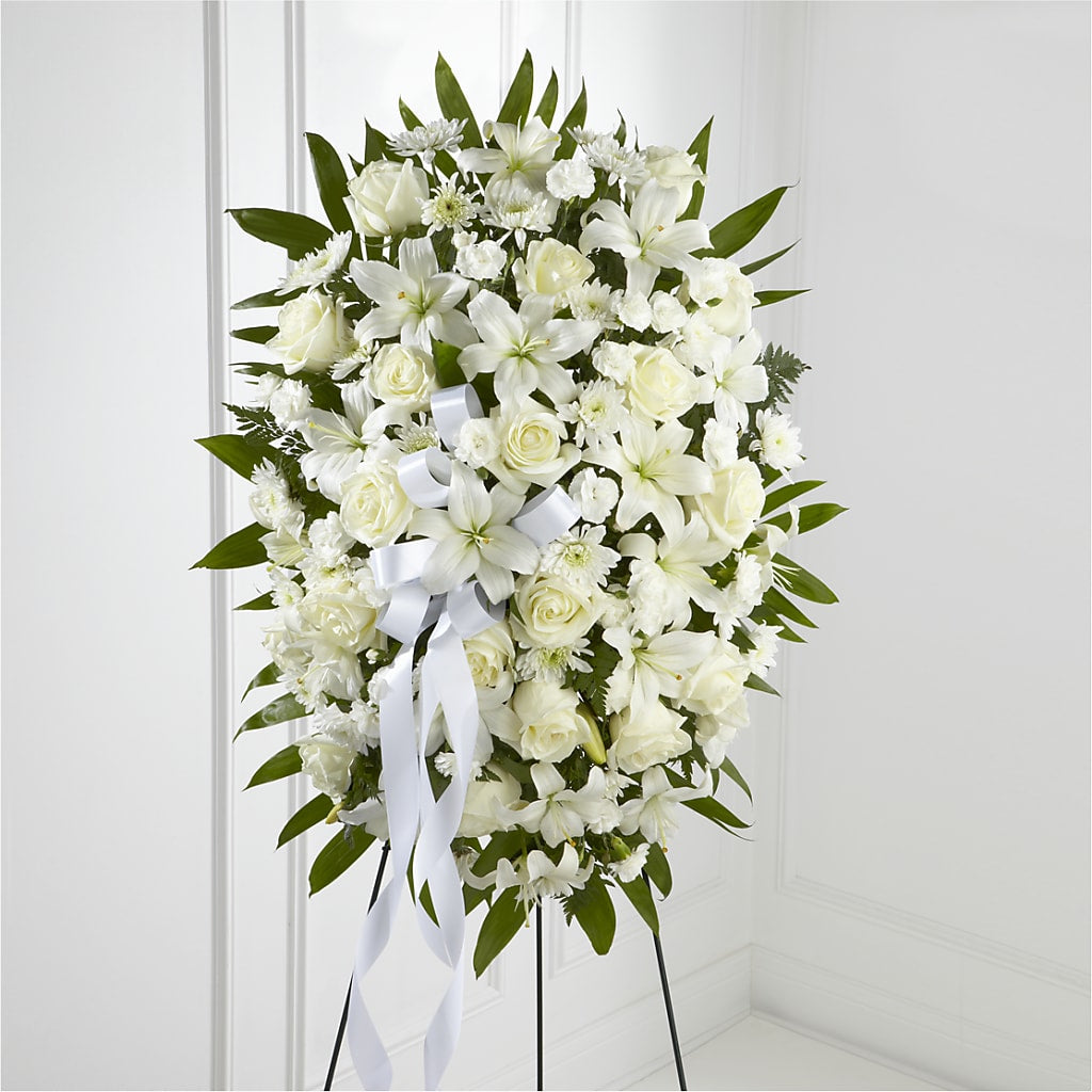 Exquisite Tribute Standing Spray-White Ribbon –  Mongis Luxe Creations Llc, Old Bridge NJ