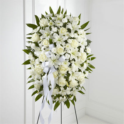 Exquisite Tribute Standing Spray-White Ribbon –  Mongis Luxe Creations Llc, Old Bridge NJ