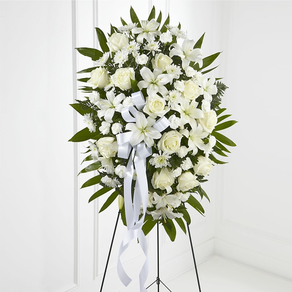 Exquisite Tribute Standing Spray-White Ribbon –  Mongis Luxe Creations Llc, Old Bridge NJ