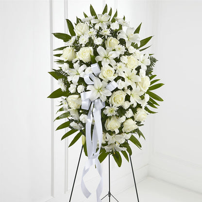 Exquisite Tribute Standing Spray-White Ribbon –  Mongis Luxe Creations Llc, Old Bridge NJ