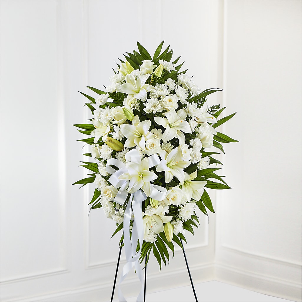 Exquisite Tribute Standing Spray-White Ribbon –  Mongis Luxe Creations Llc, Old Bridge NJ