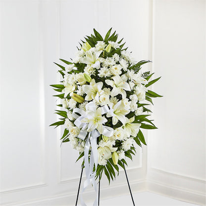Exquisite Tribute Standing Spray-White Ribbon –  Mongis Luxe Creations Llc, Old Bridge NJ